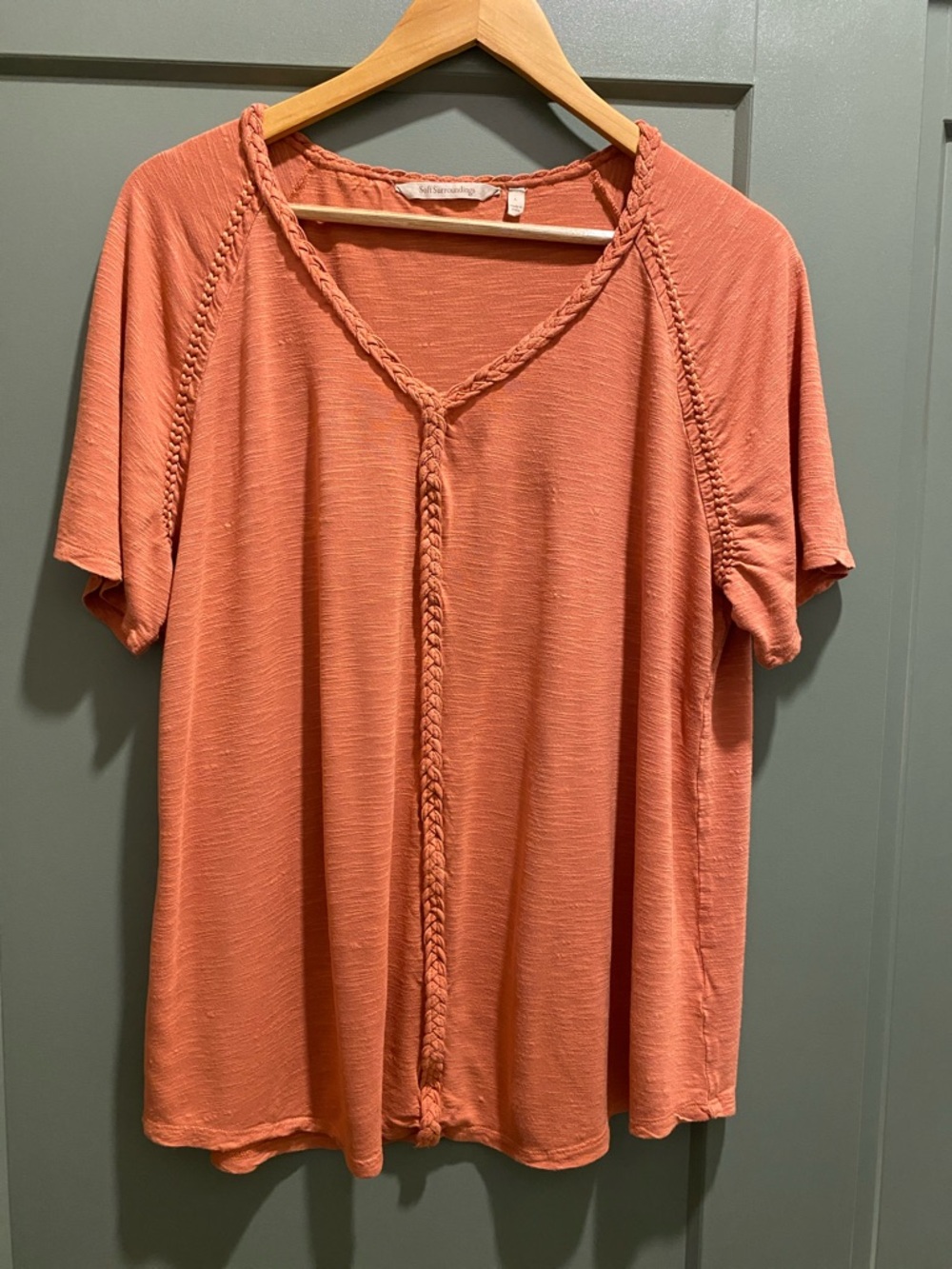 Soft Surroundings Coral Braided V-Neck Short Sleeve Top